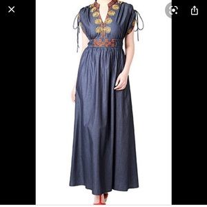eShakti Boho Chambray Embroidered Maxi Dress